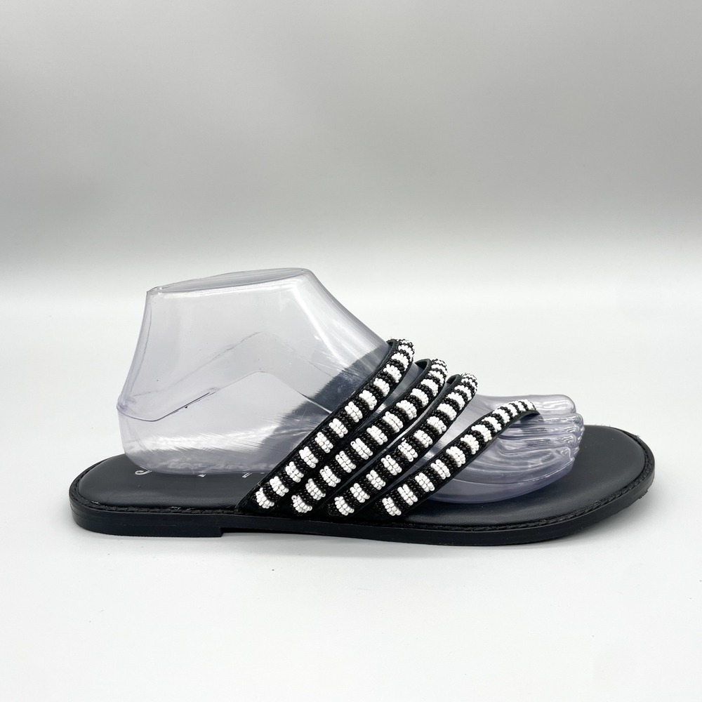 Free People Womens 41 Beatrice Beaded Sandals Black White Toe Loop Flat Boho